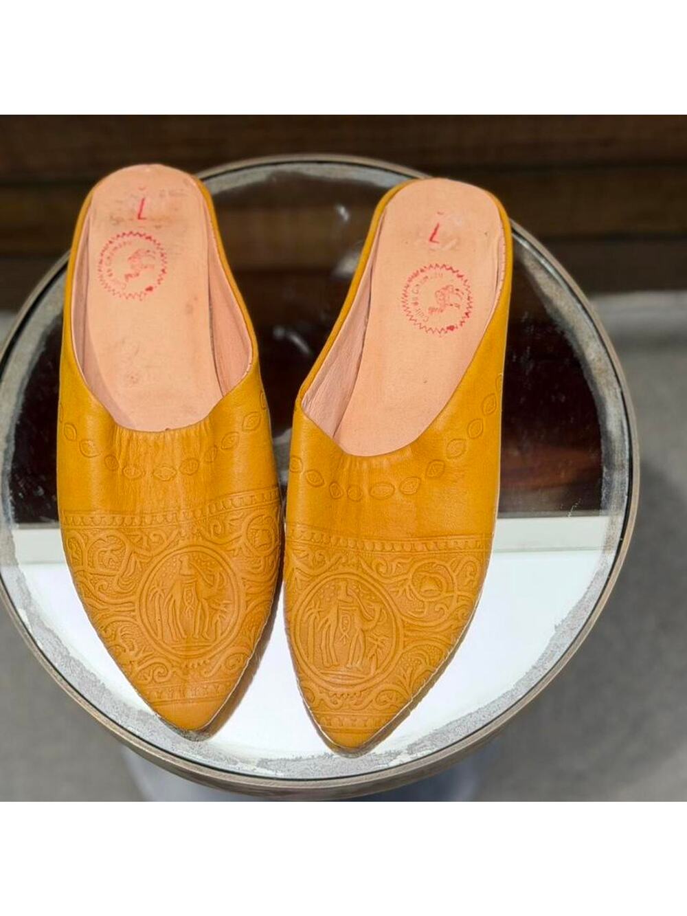 Handmade Moroccan Babouche Leather Mule Slipper Mustard Yellow Embossed Size 7
